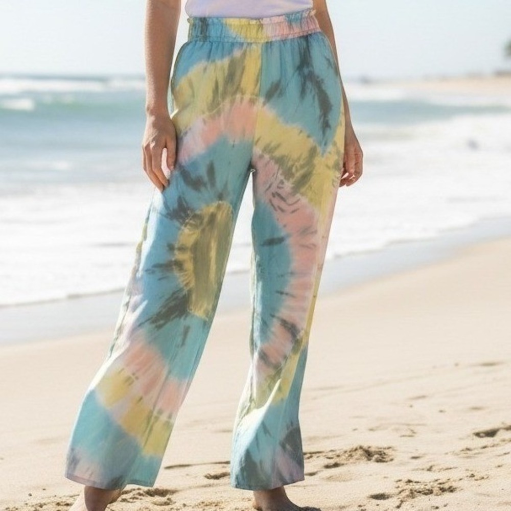 Spoon Jeans Wide Leg Tie Dye Pants Womens S Blue Pink Yellow Satin Finish Boho